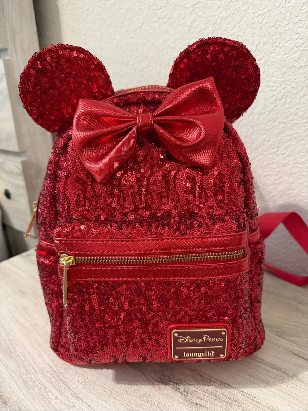 Loungefly Red Sequin Minnie Ear Mini Backpack with Bow